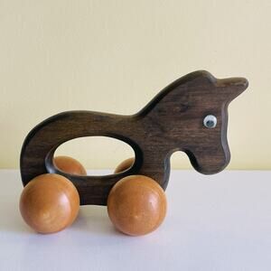 Vtg Handmade Children’s Wooden Unicorn Horse Toy Wheels Push Pull Wood